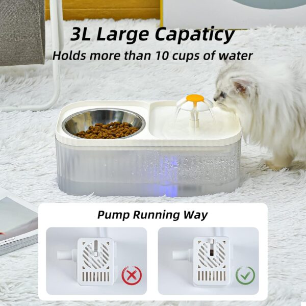 Cat Water Fountain and Food Bowl, 3L/101oz Ultra Quiet Pet Water Dispenser with LED Light Smart Pump and 3 Replacement Filters, Automatic Flower Fountain & Stainless Steel Bowl for Dog(White) - Image 2