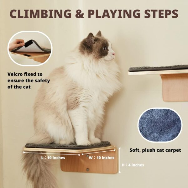 2 Set Cat Wall Steps - Wooden Cat Climbing Shelf for Wall - Cat Wall Stairs with Scratching Mat - Wall Mounted Cat Furniture for Jumping, Playing, and Lounging - Image 3