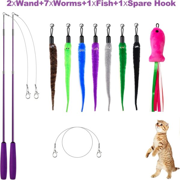 11PCS Cat Wand Toy, Cat Toys Interactive for Indoor Cats, 2 Retractable Cat Wand, 7 Worm Cat Teaser Toys and 1 Plush Fish Cat Toy, Cat Feather Toys for Play Chase Exercise with Kitten, Extra 1 Line - Image 2