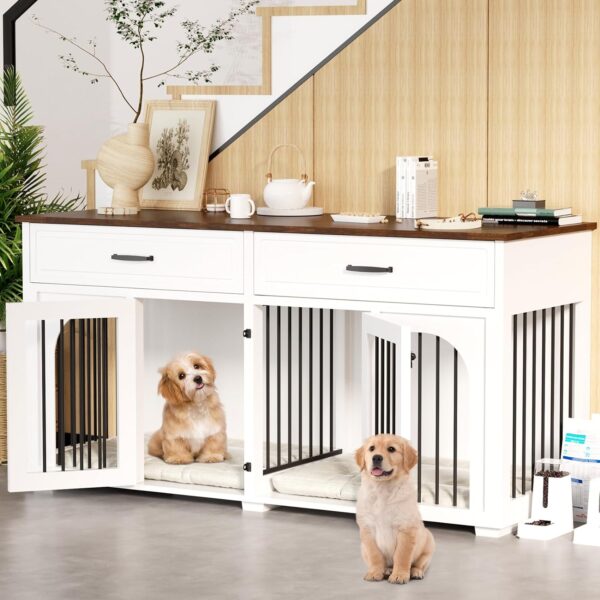 EBE Dog Crate Furniture, 63''Wooden Dog Kennel with 2 Drawers and Removable Divider, Heavy Duty Dog Crate Indoor Furniture with Double Rooms, Dog Crate Table Indoor TV Stand for Small Medium Dog