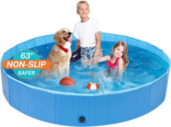 Foldable Pool for Large Dogs, 6MM Thickened PP Board, 3 Layers Mesh PVC & Non-Slip Embossed PVC, Collapsible Hard Plastic Summer Swimming Pool, Portable Bath Tub for Pets Cats 63''