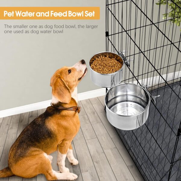 Pet Dog Food Water Bowl for Cage, Stainless Steel Non-Spill Kennel Hanging Cats Bowls with Clamp Holder Crate Feeder Dish for Small Medium Large Dogs (Silver, L (77 & 45 OZ)) - Image 3