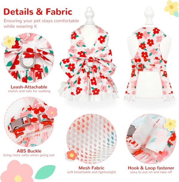 Cute Floral Dog Harness Dress and Leash Set for Small Dog Cats Girl Puppy Bowknot Princess Birthday Dress Summer Female Pet Small Dog Clothes Lace Doggie Kitten Outfits Apparel(Red,XS) - Image 8