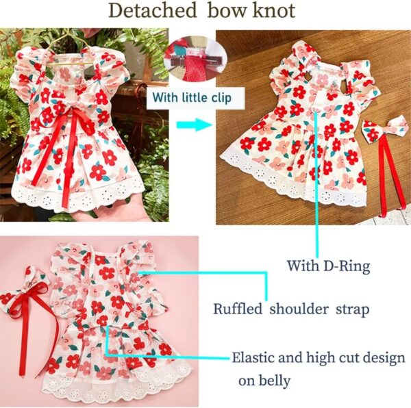 ANIAC Floral Dog Dress with D-Ring Dog Dresses for Small Dogs Girl Bow Cat Dress for Cat only Dog Outfit Summer Puppy Clothes for Chihuahua Yorkie dachshund Pomeranian (Small, Floral) - Image 3