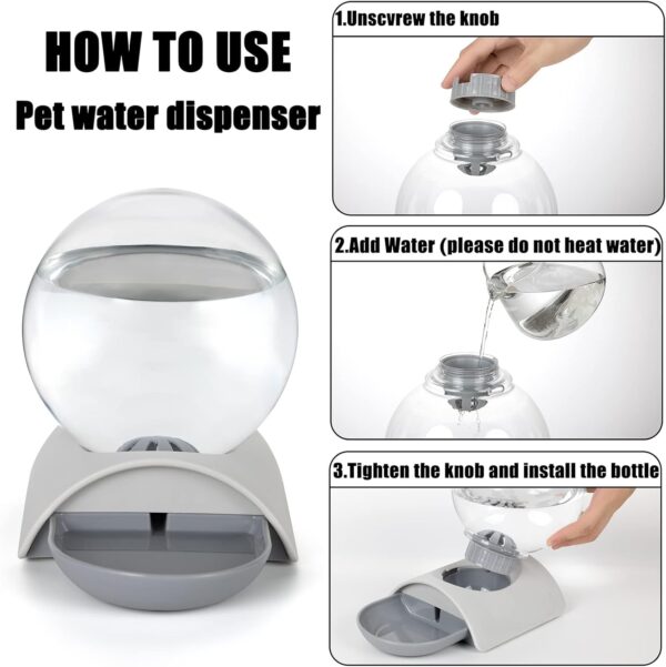 Pet Water Dispenser, 2.8L Automatic Gravity Cat Water Dispenser for Cats, Dogs & Rabbit, Detachable Cat Dog Water Dish Feeder with Spherical Waterer Bubble, Grey - Image 3