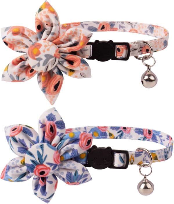 ADOGGYGO Breakaway Cat Collar with Bells, 2 Pack Flower Cat Collars for Girl Cat Kitten Collar with Removable Floral Adjustable Collars for Cats (Orange & Blue)