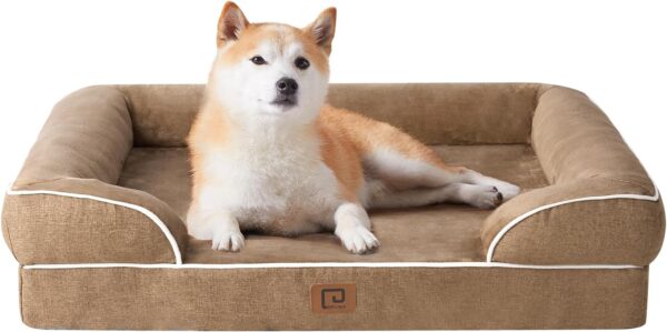 EHEYCIGA Orthopedic Dog Beds for Large Dogs, Waterproof Memory Foam Large Dog Bed with Sides, Non-Slip Bottom and Egg-Crate Foam Large Dog Couch Bed with Washable Removable Cover, Camel