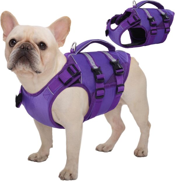 Kuoser Dog Life Jacket, High Flotation Dog Life Vest for Swimming Boating, Adjustable Ripstop Dog Lifesaver for Small Medium and Large Dogs, Reflective Safety Pet Life Preserver with Rescue Handle