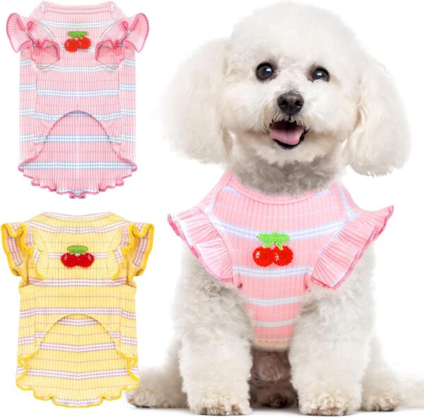 2 Pack Striped Small Dog T Shirt Cute Cherry Girl Dog Clothes for Small Dogs Cats Breathable Soft Cotton Pet Puppy Sleeveless Vest Spring Summer Doggy Outfits（Pink+Yellow,Medium）