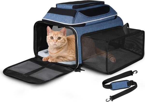 Top and Side Expandable Pet Carrier 17x12x8.5 Inches JetBlue Frontier Spirit Airline Approved, Soft-Sided Carrier for Small Cats and Dogs with Locking Safety Zippers and Anti-Scratch Mesh(Blue)