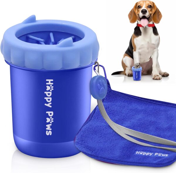 Dog Paw Cleaner | Portable Washer Cup for Small Cute Dogs with Towel and Hanger | Silicone Pet Foot Cleaning Brush Scrubber | Grooming Essentials to Wash Muddy Puppy Feet | Blue