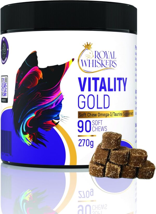 Vitality Gold: Feline Health Chews - Omega 3,Taurine,CoQ10, & Biotin Rich - Vet-Formulated for Cell,Heart,Brain, Vision Wellness - 90 (3g) Chews, Made in USA