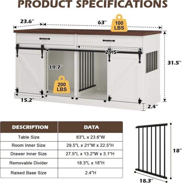 Furniture Style Dog Crate - Wooden Indoor Dog Crate Furniture with Sliding Barn Doors, 2 Drawers and Room Divider, 63" L x 23.6" W x 31.5" H, White - Image 2