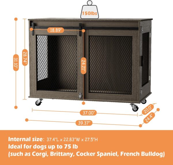 LINLUX 40 Inch Dog Crate Furniture, Wooden Heavy Duty Dog Kennel Indoor, Decorative Dog Cage Table for Large Medium Dogs, with Sliding Doors, Wheels and Flip-top Plate - Image 6