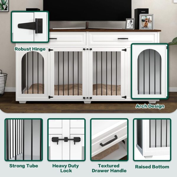 Double Dog Crate Furniture,74.8 Inch Dog Crate Kennel Furniture for 2 Large Breed Dogs,Heavy Duty Wooden Dog Crate with Divider&2 Drawers,White - Image 7