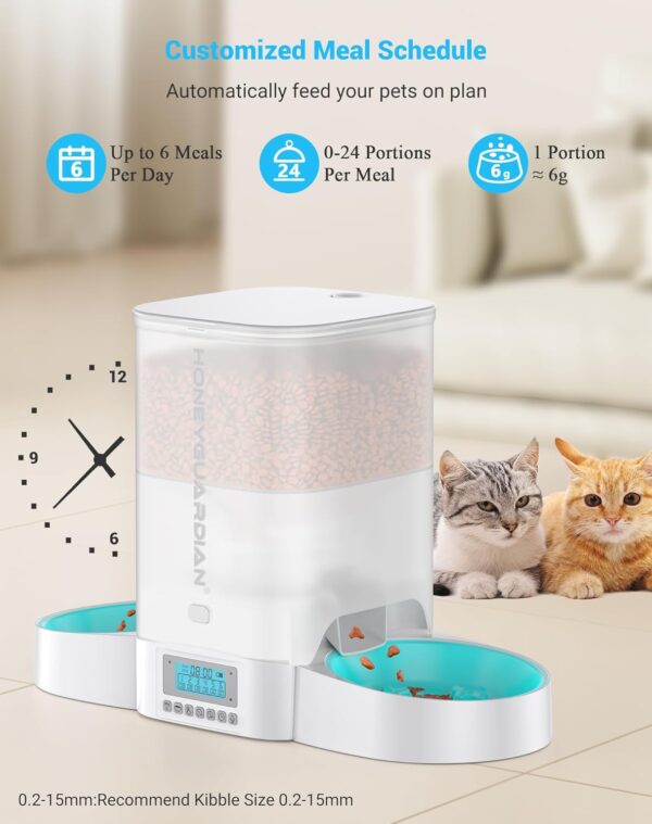 HoneyGuaridan Automatic Cat Feeder for Two Cats,3.5L Cat Food Dispenser with Slow Feeder Bowl,Timed Cat Feeder Programmable 1-6 Meals Control, Dual Power Supply,10s Meal Call White - Image 3