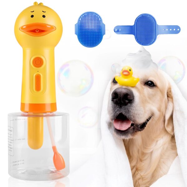 FERRISA Automatic Foaming Dog Soap Dispenser with Dog Bath Brush, Dog Scrubber for Bath Supplies Brush Silicone Rubber Comb Button Lather Up Dense Foam Quickly for Long Short Haired Dogs Cats Grooming