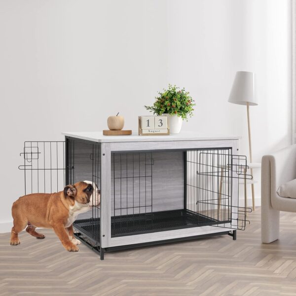 TLSUNNY Dog Crate Furniture, 29.1" Wooden Dog Kennel Indoor with 2 Doors, Heavy-Duty Dog Cage with Removable Tray, End Side Table, Modern Dog House for Large/Medium/Small Dogs, Grey - Image 7