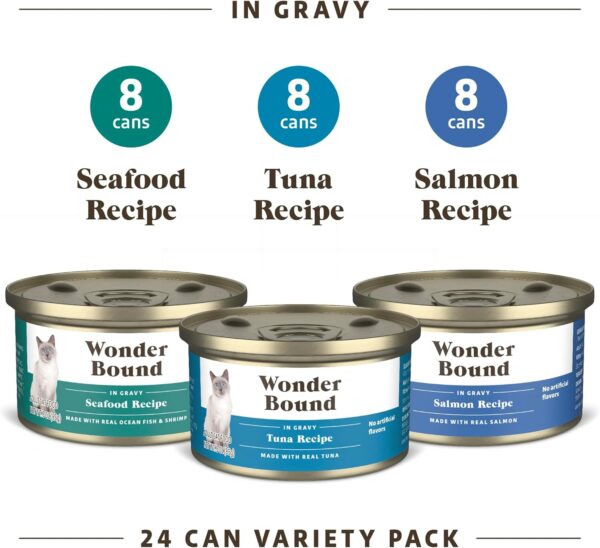 Amazon Brand - Wonder Bound Wet Cat Food, Gravy, Variety Pack (Seafood, Tuna, Salmon), 3 Ounce (Pack of 24) - Image 3