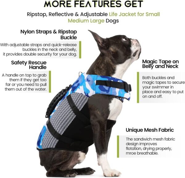 MIGOHI Dog Life Jacket, Camo Dog Life Vest with Rescue Handle for Swimming Boating Pool, High Visibility Dog Flotation Swimsuit Ripstop Doggy Lifesaver for Small Medium Large Dogs, Blue M - Image 3