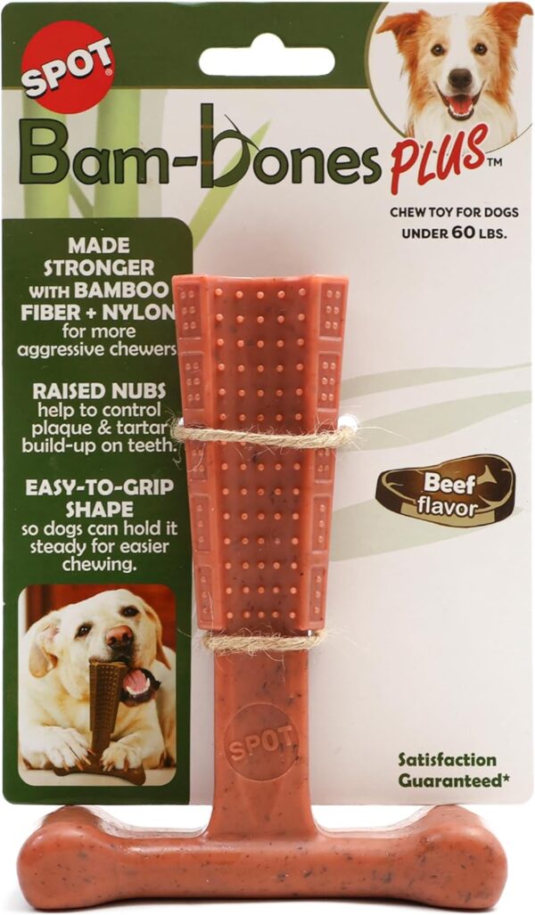 SPOT Bam-bones PLUS T Bone - Bamboo Fiber & Nylon, Durable Long Lasting Dog Chew for Aggressive Chewers – Great Toy for Adult Dogs & Teething Puppies under 60lbs, Non-Splintering, 6in, Beef Flavor - Image 2