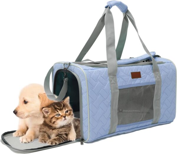 HSC PET Cats Carrier Soft-Sided Quilted Pet Pups Bag Temporary Kennel Fit Luggage Case Traveling Outdoor Go to Vet, Side Pocket,15 lbs Puppy/18 lbs Cat or Kittens (Light Blue)