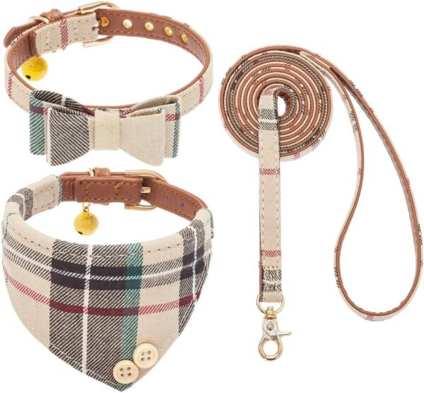 EXPAWLORER Dog Collar and Leash Set - Classic Plaid Dog Bow Tie and Dog Bandana Collar with Bell, Dog Leash Tangle Free, Adjustable Collars for Small Medium Large Dogs Cats, Holiday Ideal Gift