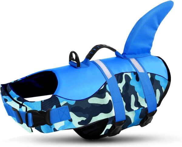 Queenmore Dog Life Jacket Ripstop Dog Shark Safety Vest Adjustable Preserver with High Buoyancy and Durable Rescue Handle for Small,Medium,Large Dogs, Blue Camouflage Small