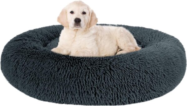 Calming Dog Bed, Anti-Anxiety Warming Cozy Soft Donut Dog Bed, Fluffy Faux Fur Plush Dog Bed for Medium Dogs, Machine Washable.(Grey, 30x30in)