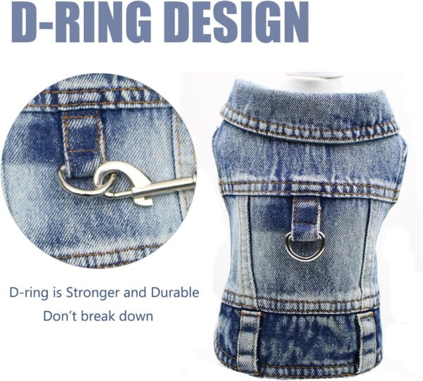 Dog Jeans Jacket Cool Blue Denim Coat for Small Medium Girl Boy Dogs Puppy Clothes Comfort Lapel Harness Vest with D-Ring for Leash - Image 4