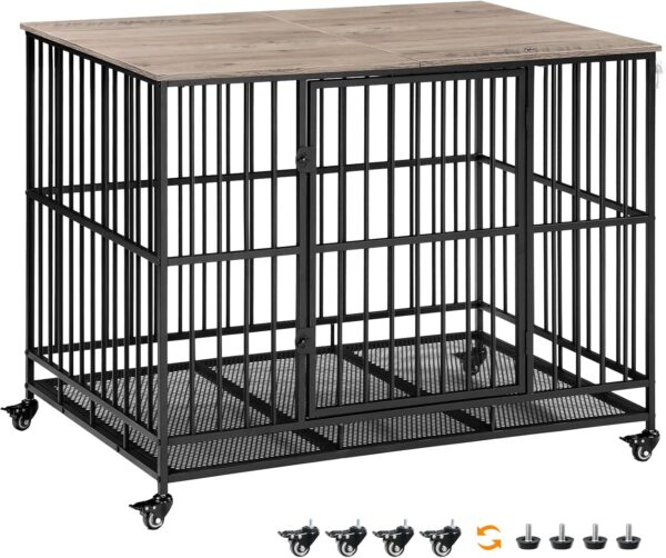 HOOBRO Heavy Duty Dog Crate, 43.3" Large Dog Kennel Furniture Indoor with Flip-Top, Indestructible Dog Crate End Side Table with Wheels, for Small/Medium/Large Dog, Greige and Black BG110GW03G1