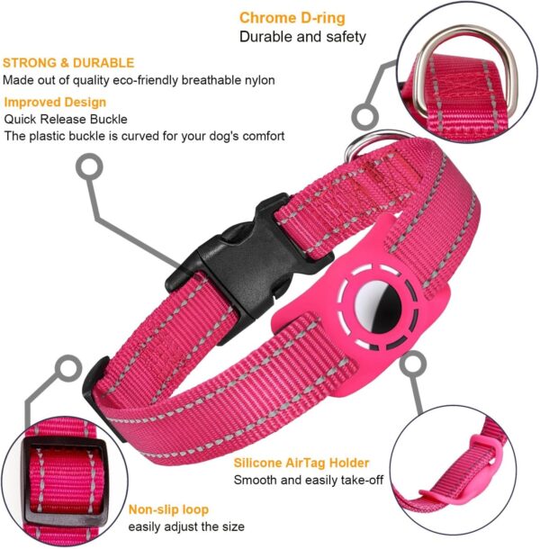 Airtag Dog Collar for Small Dogs, Reflective Dog Collars with Silicone AirTag Holder, Nylon Adjustable Dog Collars for Medium Large Dogs, HotPink - Image 7