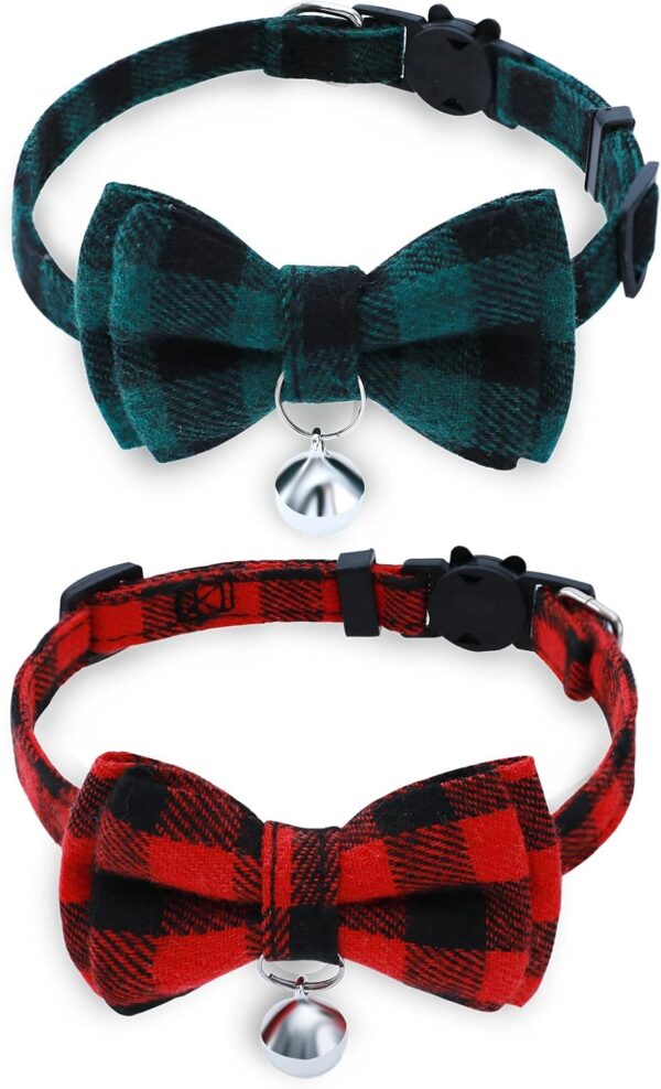 Breakaway Cat Collar with Cute Bow Tie and Bell, BuntyJoy Cat Collars for Girl Cats and Boy Cats, Safety Kitten Collars, Stylish Plaid Patterns, Red & Green, Pack of 2