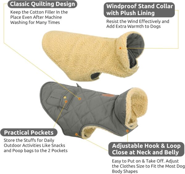 Queenmore Dog Winter Coat, Fleece Dog Winter Jacket, Waterproof Cold Weather Dog Clothes, Thick Warm Cotton Padding Easy On Storage Pockets (Grey,Large) - Image 2