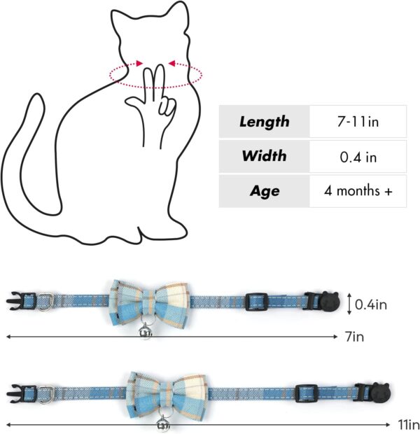 Breakaway Cat Collar with Cute Bow Tie and Bell, BuntyJoy Cat Collars for Girl Cats and Boy Cats, Safety Kitten Collars, Stylish Plaid Patterns, Light Blue, Pack of 1 - Image 2