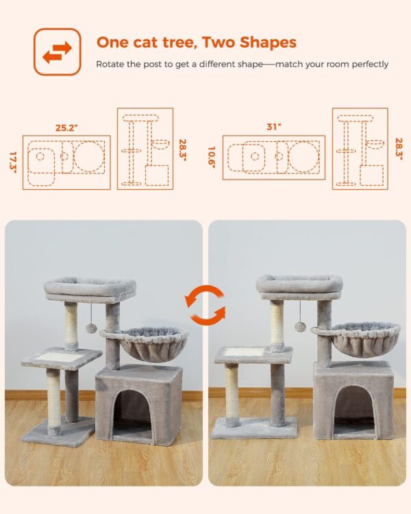 PEQULTI Small Cat Tree, [28.5''] Cat Tower for Indoor Cats, 2 Styles Cat Activity Tree with Cat Scratching Posts, Big Hammock and Removable Top Perch Grey - Image 2