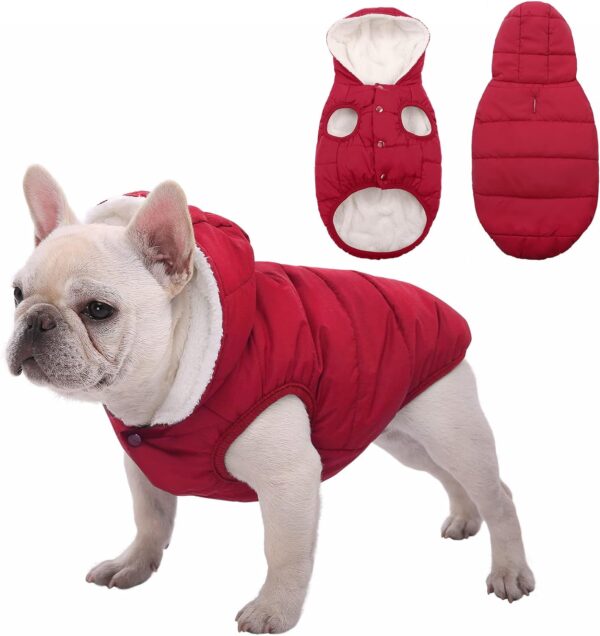 Dog Fleece Hoodie, Windproof Waterproof Dog Coat Fleece & Cotton Lined Warm Dog Jacket, Cold Weather Pet Apparel Clothes Vest for Small Medium Large Dog (L: Length 15", Chest 17.3"-20", Red)