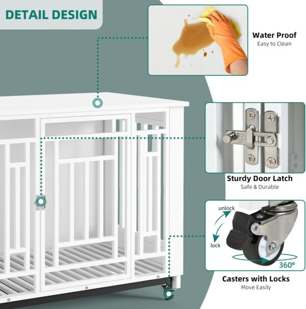 YITAHOME Dog Crate Furniture, 31.9" Heavy Duty Dog Cage, Wooden Side End Table with Wheels, Chew-Resistant Metal Dog Kennel with Removable Tray, Dog House Indoor for Small Medium Dogs, White - Image 3