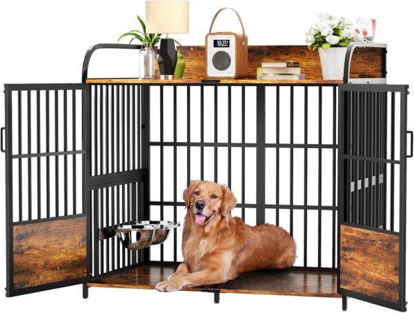 Large Dog Crate Furniture, XXL Dog Crate Indoor with Adjustable Height & 360° Rotating Feeder, 48 Inch Dog Crates for Large Medium Dogs, 48" L X 30" W X 45" H