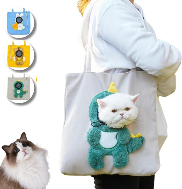 Cat Out Bag, Cute Cozy Cartoon Hands Free Show Head Cat Sling Carrier, Cat Restrainer Shoulder Bag for Outdoor Travel (Dino, Medium)