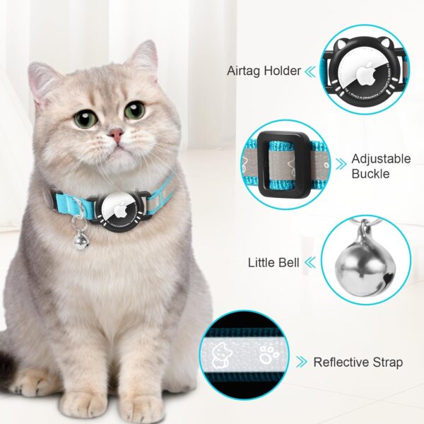 Airtag Cat Collar, Reflective Cat Collar with Apple Air Tag Holder, Breakaway GPS Tracker Pet Collar with Bell for Cat Kitten, Airtag Not Included, Blue, XS(7-9 Inch) - Image 2