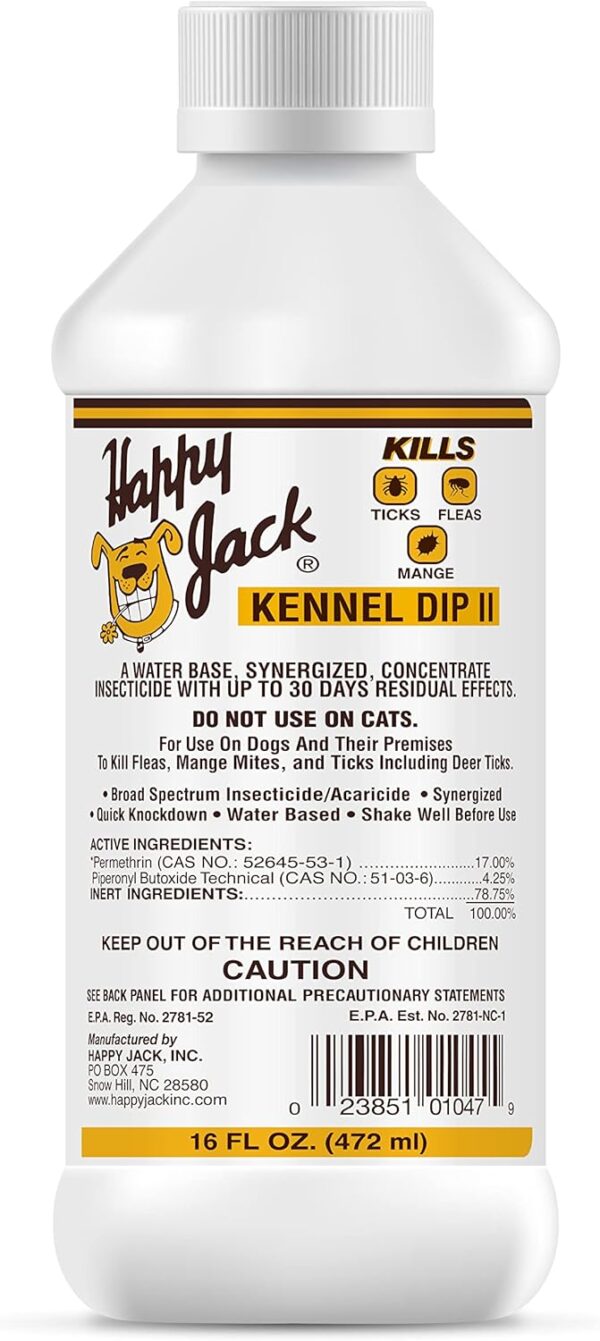 Happy Jack Kennel Dip Dog Flea and Tick Treatment & Prevention, Made in USA, Spray Yard & Home 30-Day Control, Kills Fleas, Ticks, Deer Ticks, Mange, Lice, for Puppies, Small to Large Dogs (16 oz)