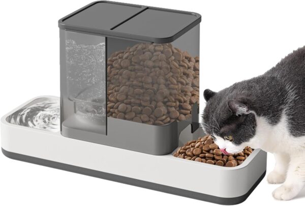 Automatic Small Pet Feeder and Water Dispenser, 2 in 1 Gravity Cat Auto Pet Feeder and Waterer Set Feeder Dish for Small Medium Pets Dog Puppy Kitten (Grey)