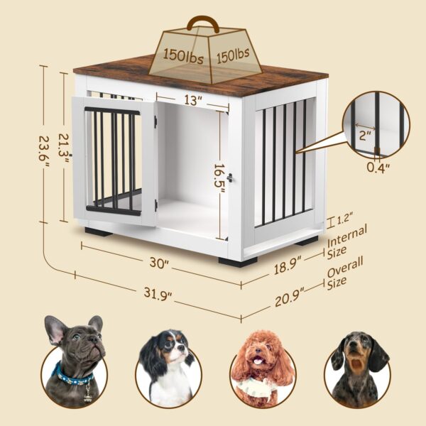 White Dog Crate Furniture for Medium Dogs Up to 40 lbs. - Decorative Puppy Kennel w/Wide Farmhouse Table Top & Steel Bars - 30'' Wide - Modern Dog Crate Table, End Table, Nightstand - Image 4