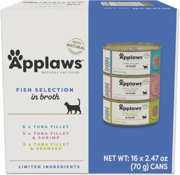 Applaws Natural Wet Cat Food, 16 Count, Limited Ingredient Canned Wet Cat Food, Fish Variety Count in Broth, 2.47oz Cans