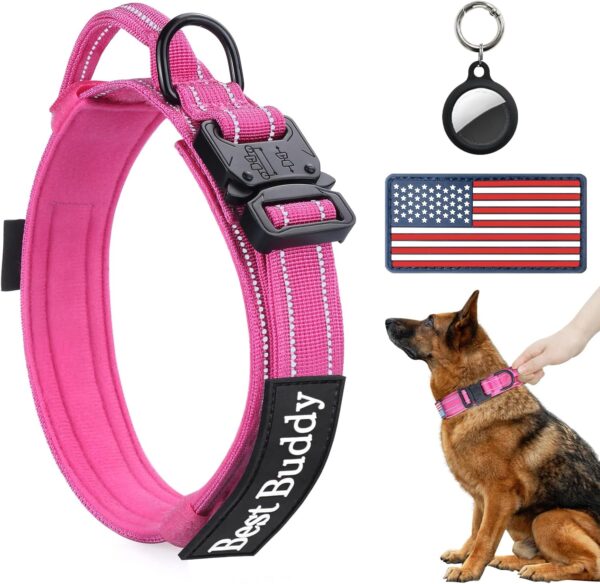 Reflective Dog Collar, Tactical Dog Collar for Medium Dogs, Heavy Duty Dog Collars with Handle and Metal Buckle Great for Female Dogs Training, with Airtag case and 2 Patches(Pink, L)