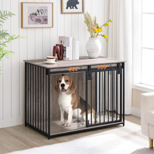 HOOBRO Dog Crate Furniture, 39.4" Heavy Duty Dog Kennel with Sliding Barn Door, Decorative Dog Crate Indoor, End Side Table for Small/Medium Dog, Greige and Black BG162GW03 - Image 8