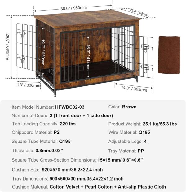 VEVOR Dog Crate Furniture, 38 inch Wooden Dog Crate with Double Doors, Heavy-Duty Dog Cage End Table with Multi-Purpose Removable Tray, Modern Dog Kennel Indoor for Dogs up to 70lb, Rustic Brown - Image 7