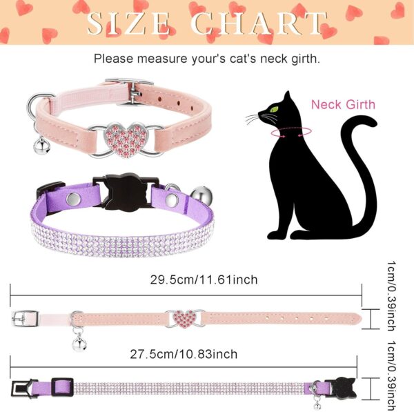 Weewooday 4 Pcs Rhinestone Cat Collar Heart Bling Breakaway Girl Cat Collar Soft Velvet Fancy Cat Collar with Heart Bling Cat Collar Adjustable Safety Kitten Collar with Bell for Kitty(Pink, Purple) - Image 2