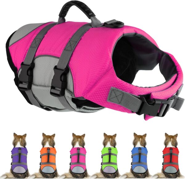 Dog Life Jacket, Reflective Adjustable Dog Life Vest with Rescue Handle for Swimming and Boating, Ripstop Pet Safety Life Preserver for Small, Medium and Large Dogs